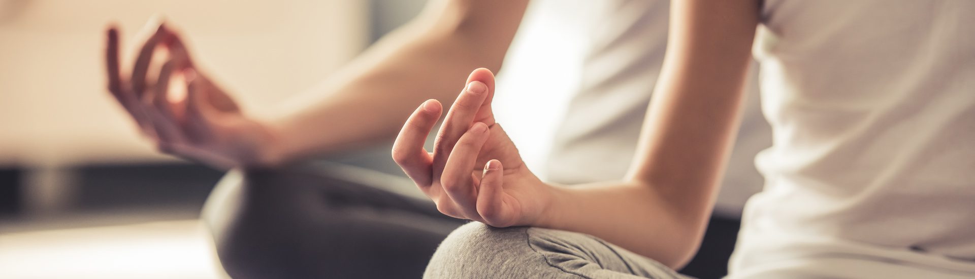 Cropped image of young woman and her little daughter doing yoga together at home