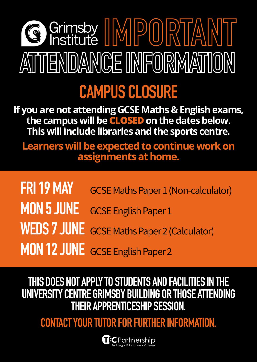 Campus Closure information for GCSE exams 2023 Grimsby Institute