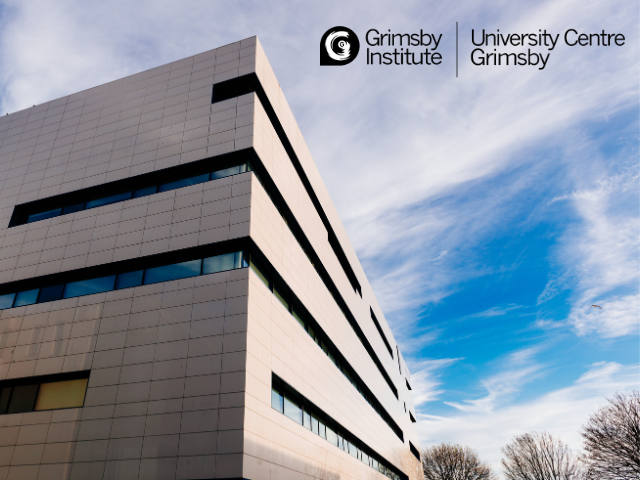 University building at Grimsby campus with Grimsby Institute and University Centre Grimsby logos