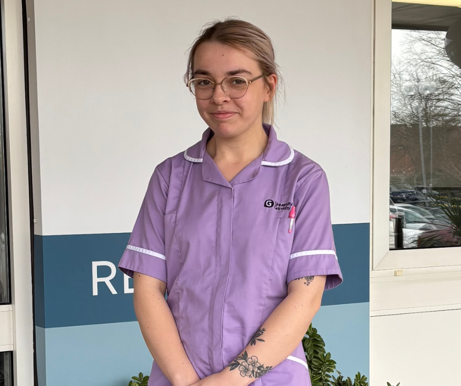 Ellie-Mae's Journey into healthcare. University Centre Grimsby logo top left. picture of Ellie right hand side of image.